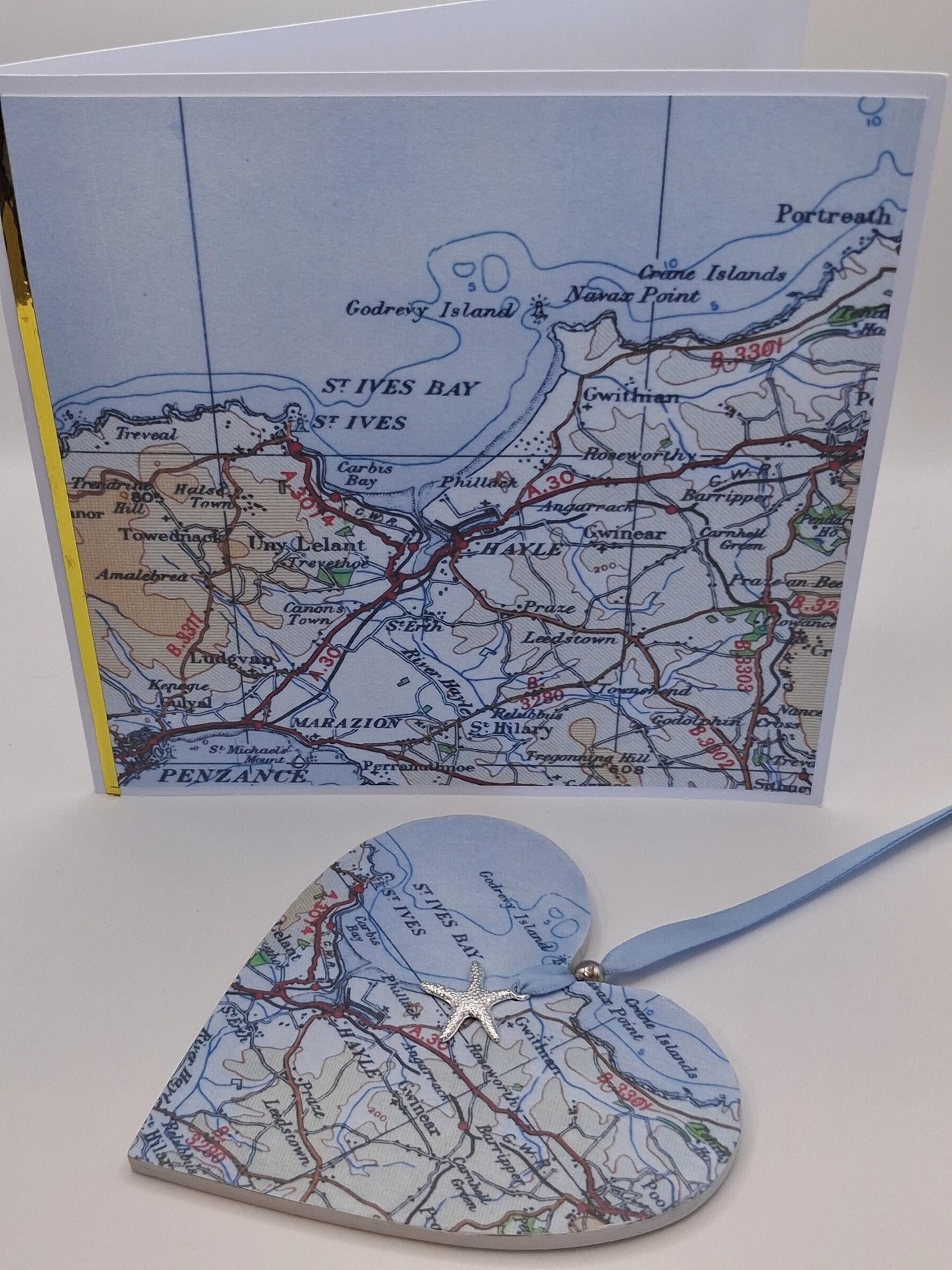 Handcrafted Vintage map heart & 4" Greeting Card Gift Set