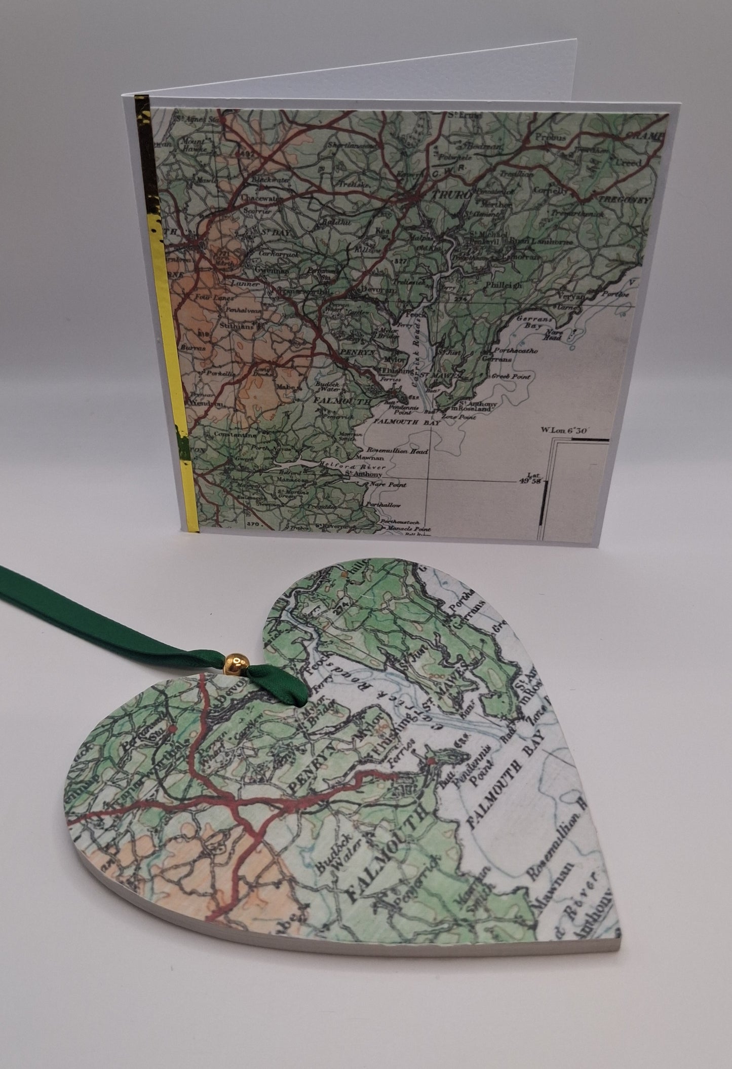 Handcrafted Vintage map heart & 4" Greeting Card Gift Set
