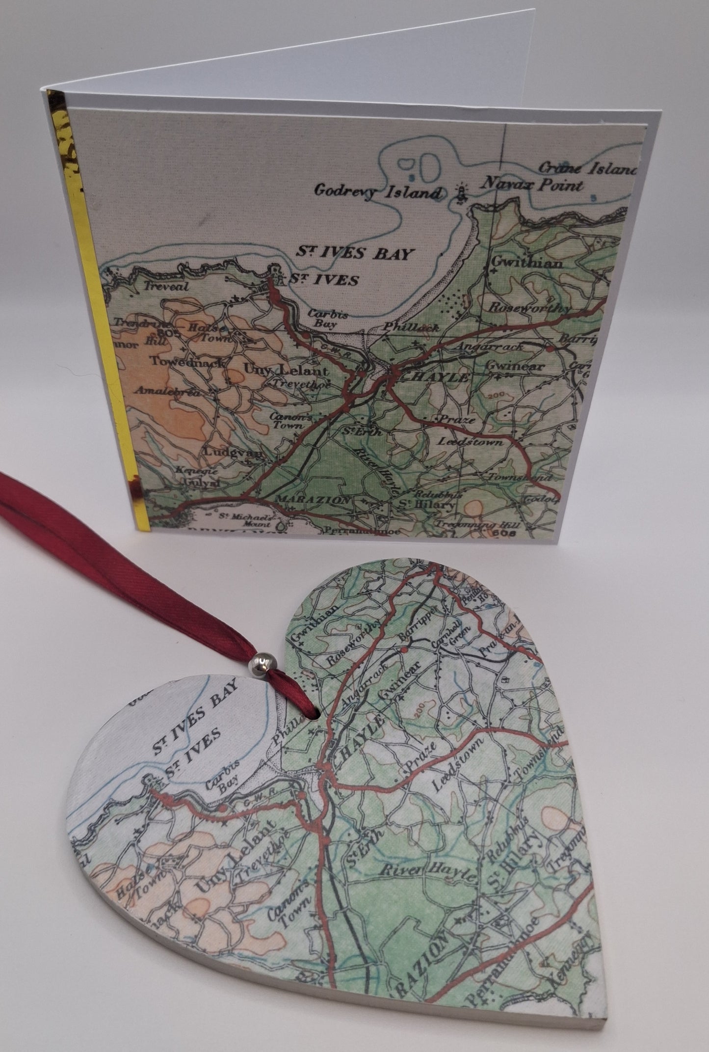 Handcrafted Vintage map heart & 4" Greeting Card Gift Set