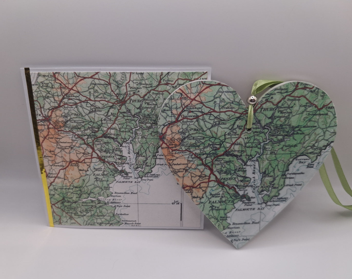Handcrafted Vintage map heart & 4" Greeting Card Gift Set