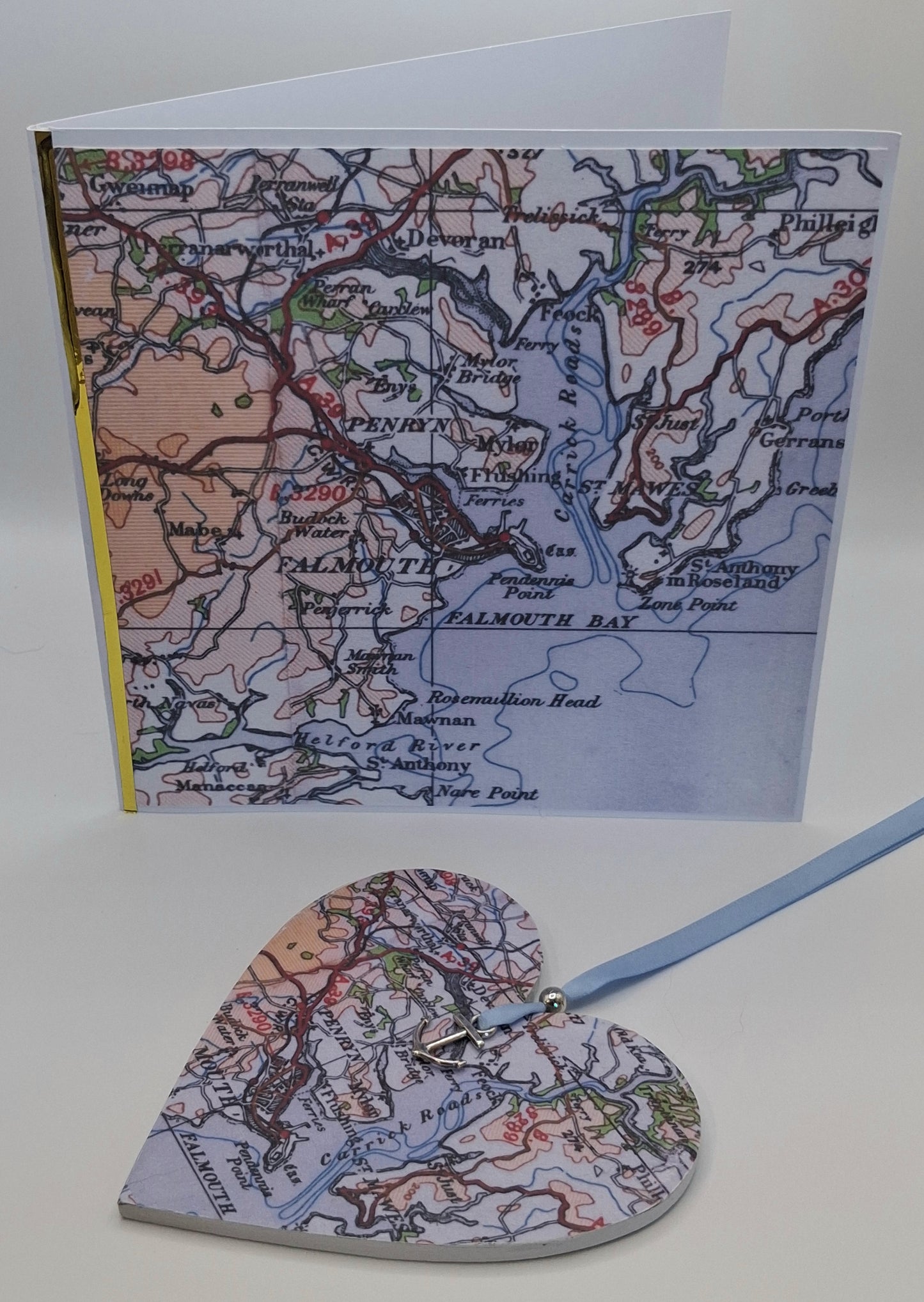 Handcrafted Vintage map heart & 4" Greeting Card Gift Set